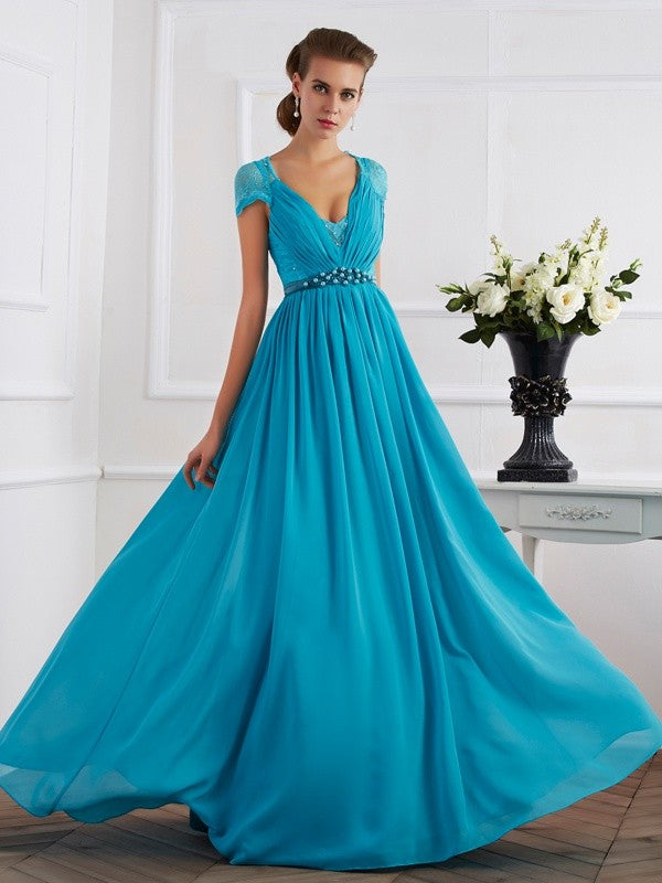 Vestidos largos de gasa de corte A/princesa, escote en V, mangas cortas y abalorios